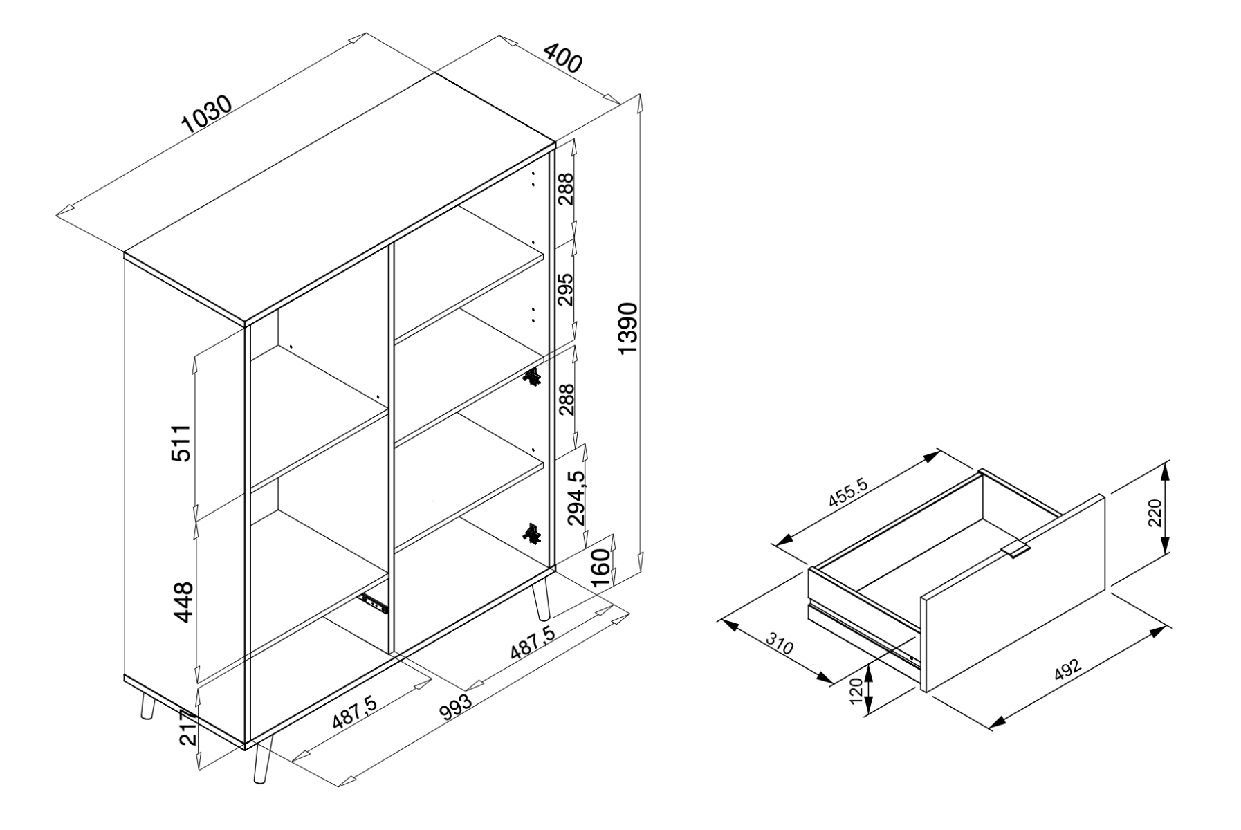 Madia Alta Lavik  con gambe in legno, 2 ante 1 cassetto, finitura Quercia, Bianca, Petrolio e Grigia