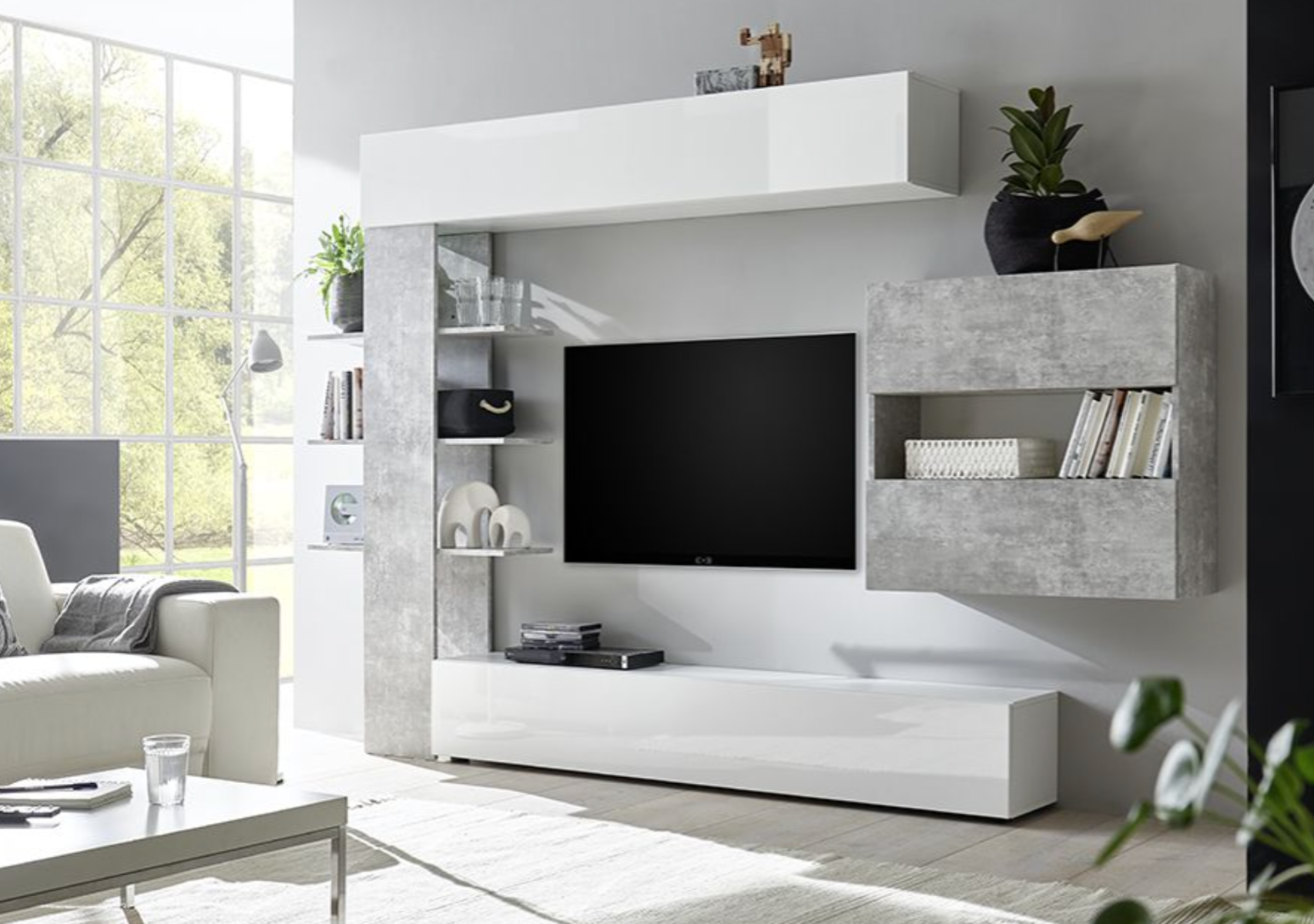 ACQUISTA ANCHE TU Parete attrezzata, Bianco Laccato Lucido e Beton