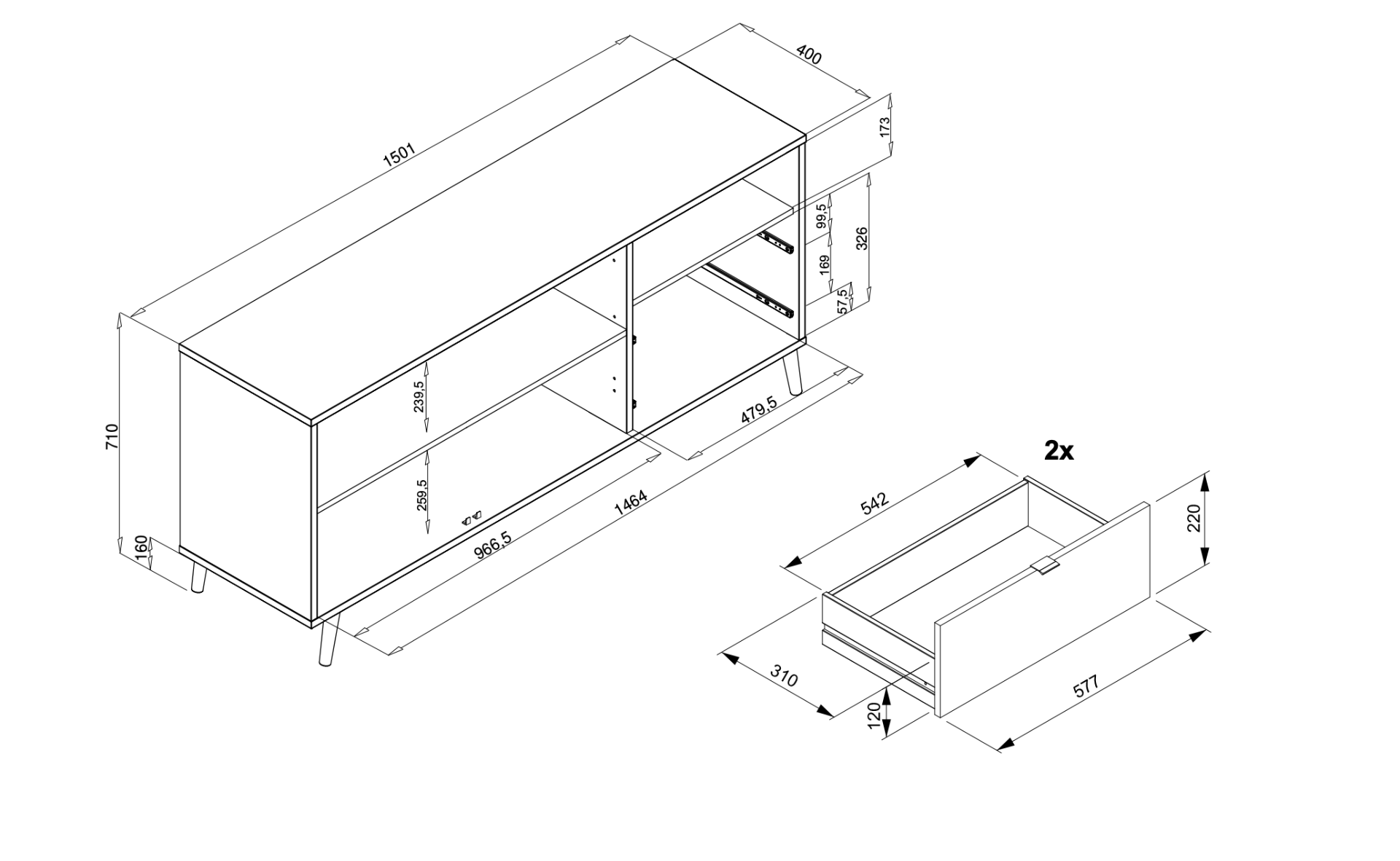 Madia Lavik con gambe in legno, 2 ante 2 cassetti, finitura Quercia, Bianca, Petrolio e Grigia