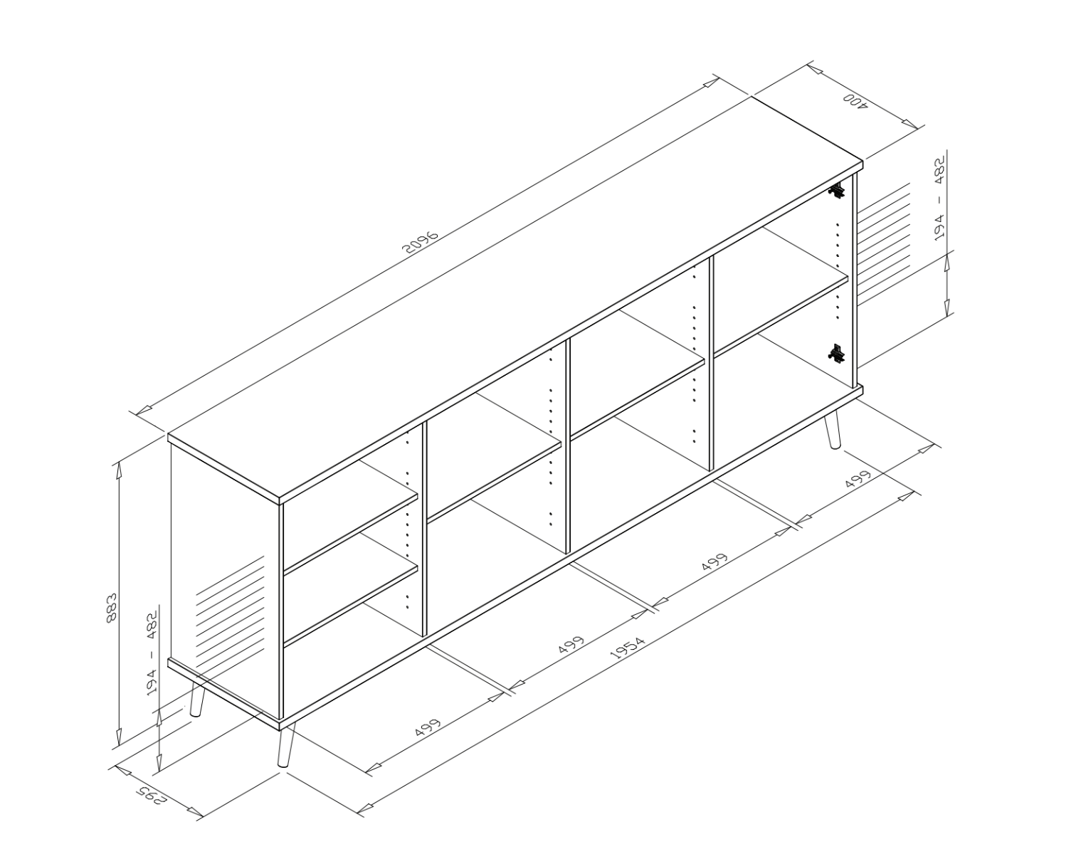Madia Rosvik con 3 ante e 2 ripiani in finitura Grigio Seta, Grigio Perla e Antracite