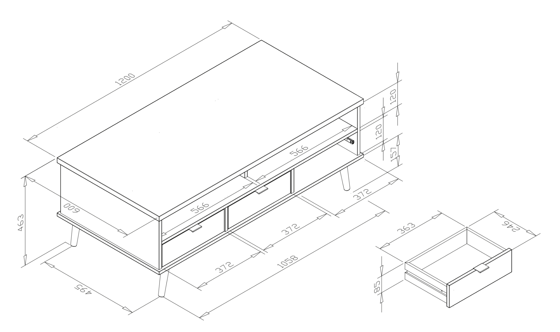 Tavolino Rosvik con 3 cassetti in finitura Grigio Seta, Grigio Perla e Antracite
