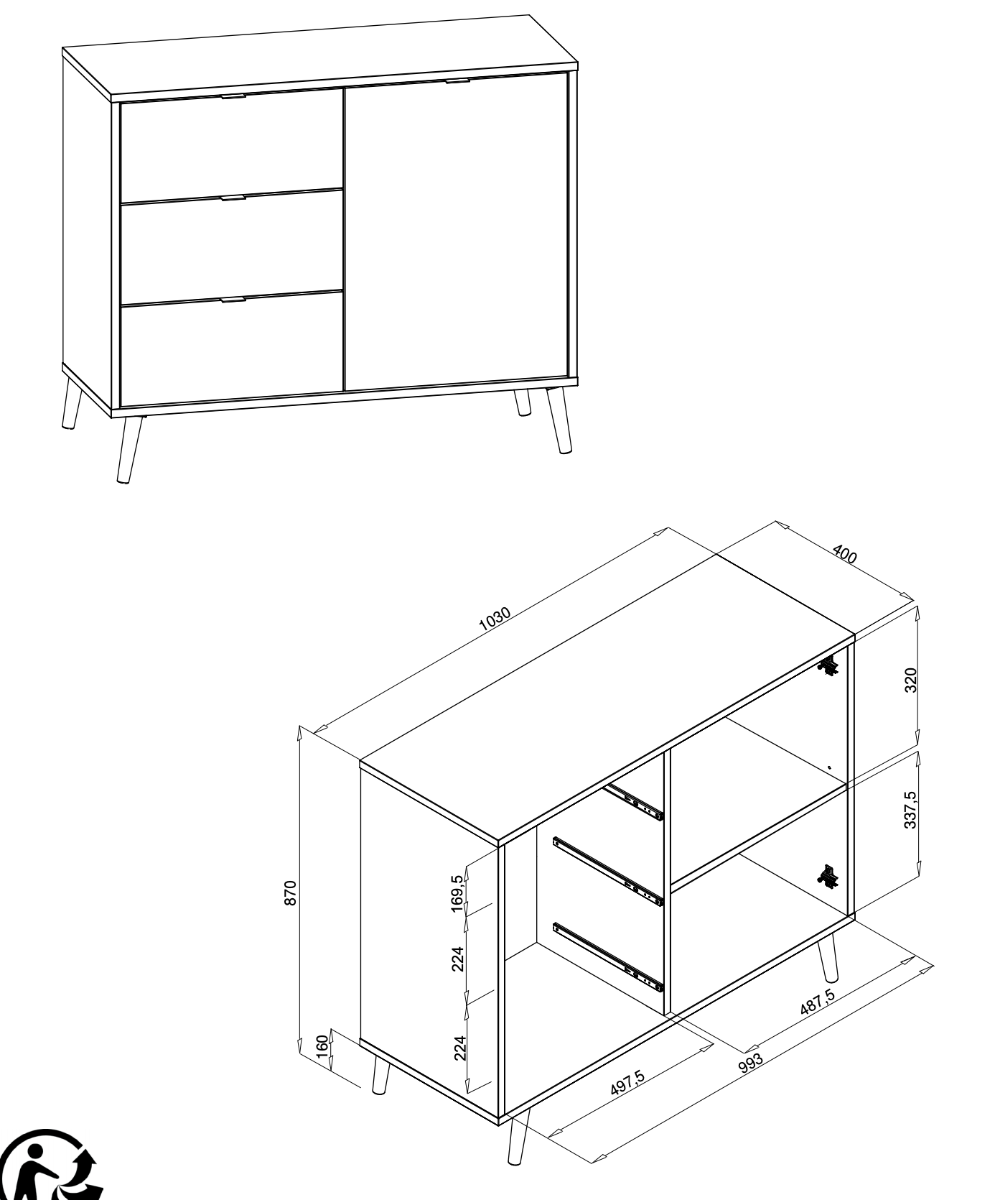 Madia Lavik con gambe in legno, 1 anta 3 cassetti, finitura Quercia, Bianca, Petrolio e Grigia