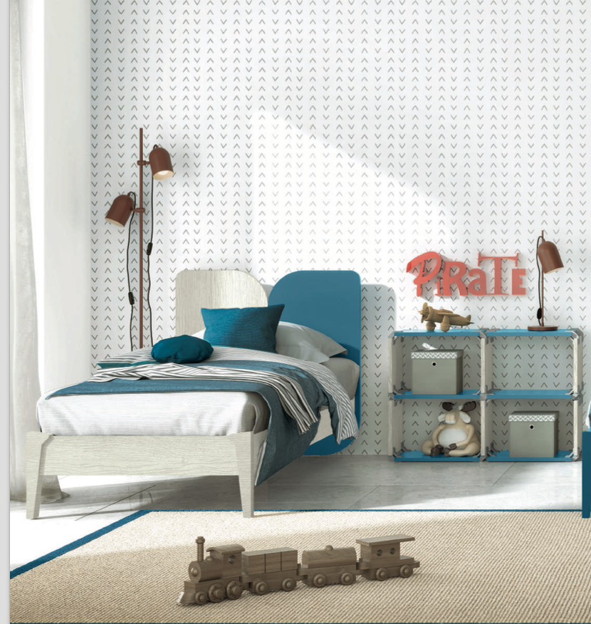 Letto singolo con testata bicolore in finitura Cadaques e Rovere gesso