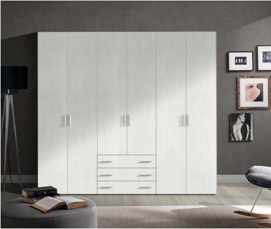 Armadio moderno con 3 cassetti e 6 ante battenti in finitura Bianco kiri