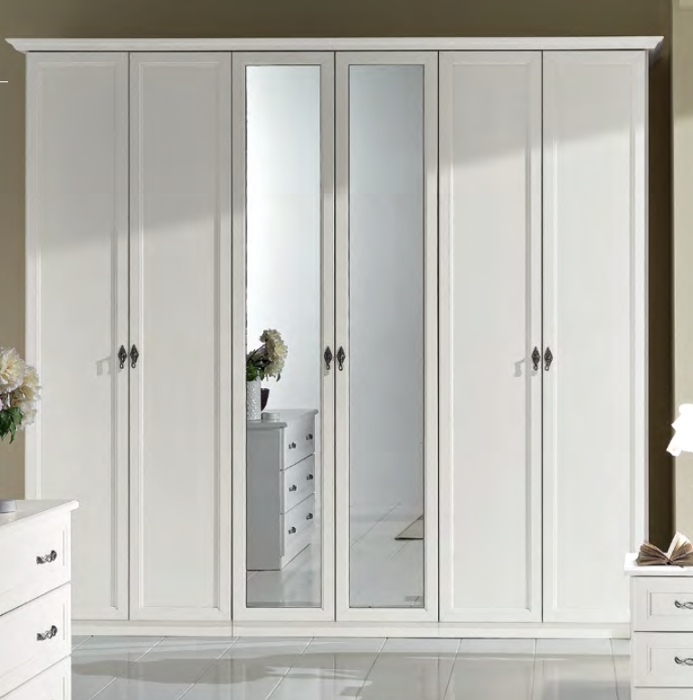Armadio classico con 6 ante battenti e specchio centrale in finitura Bianco frassinato 