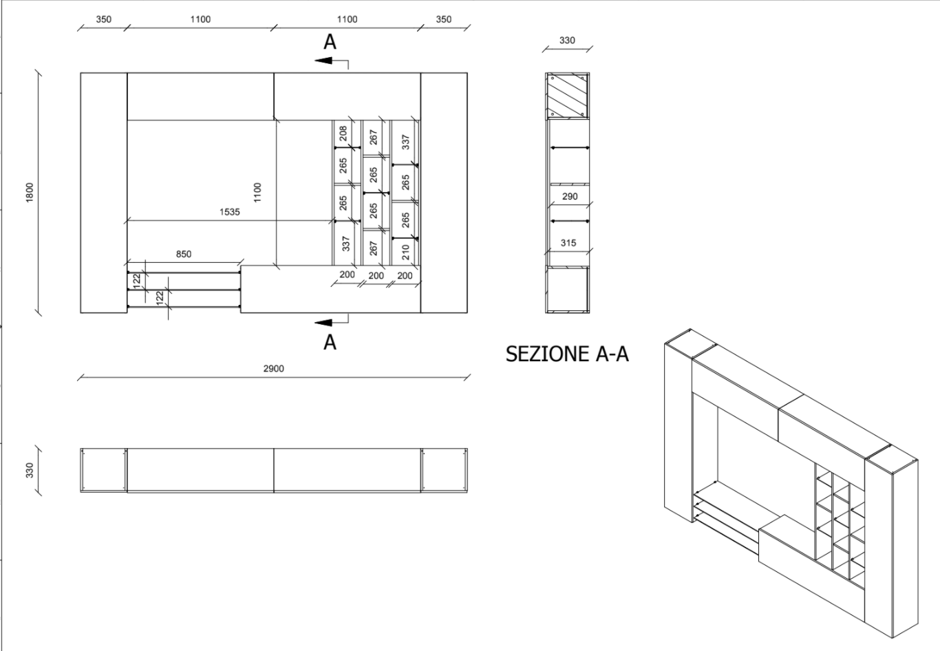 Parete attrezzata con ripiani in vetro e pensili a vasistas, finitura bianco e cemento