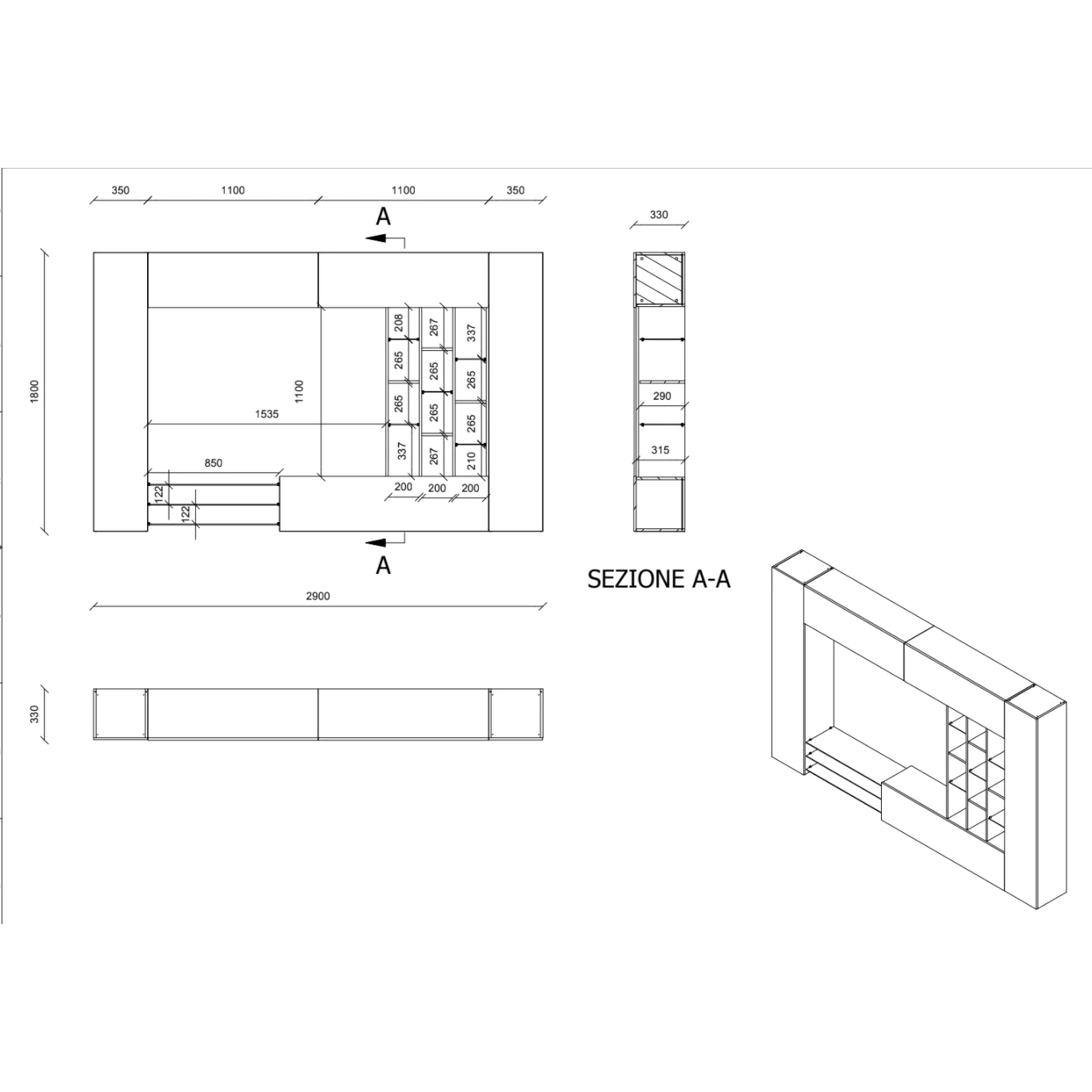 Parete attrezzata, pensili a vasistas, finitura sabbia e bianco
