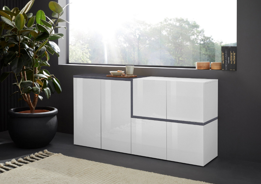 Madia moderna con 4 ante in finitura Bianco lucido e Ardesia L.160