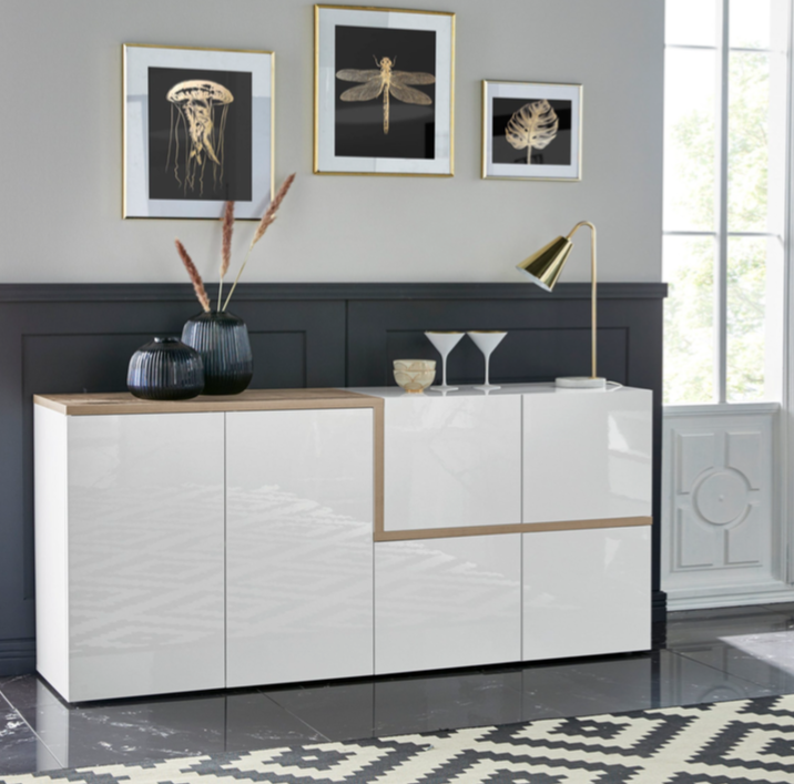 Madia moderna con 4 ante in finitura Bianco lucido e Pero L.160