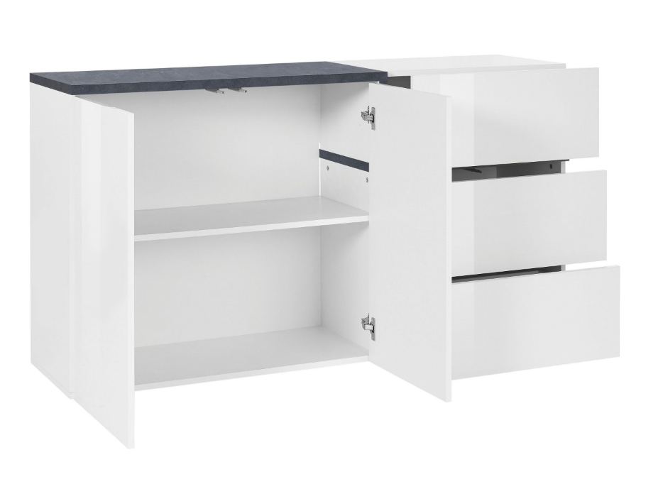 Madia moderna con 2 ante e 3 cassetti in finitura Bianco lucido e Ardesia 