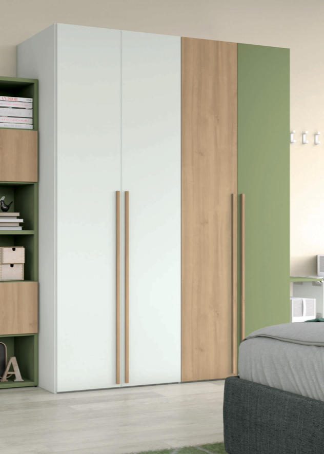 Armadio moderno con 4 ante battenti in finitura Bianco opaco, Royal Oak e oliva