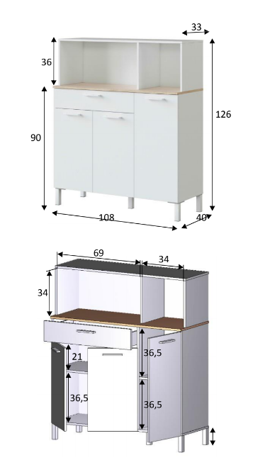 Mobile multiuso, 3 ante, 1 cassetto e 1 ripiano bianco artik e rovere canadian