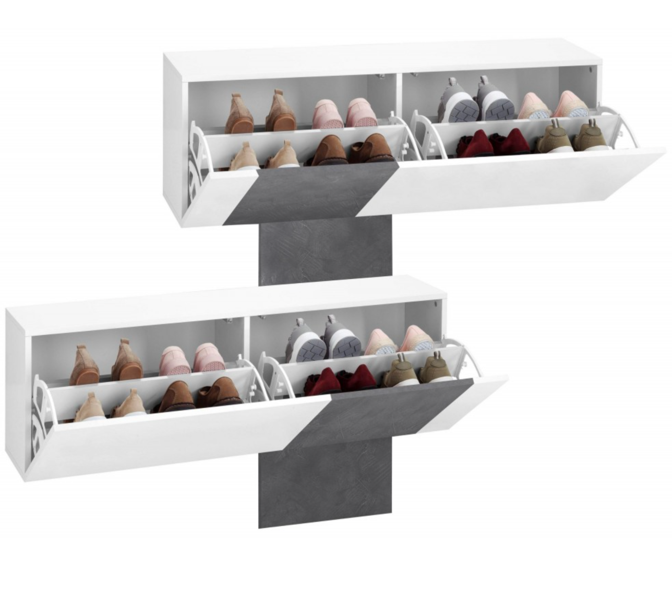 Scarpiera doppia, design orizzontale e moderno, finitura Bianco Lucido e Pero