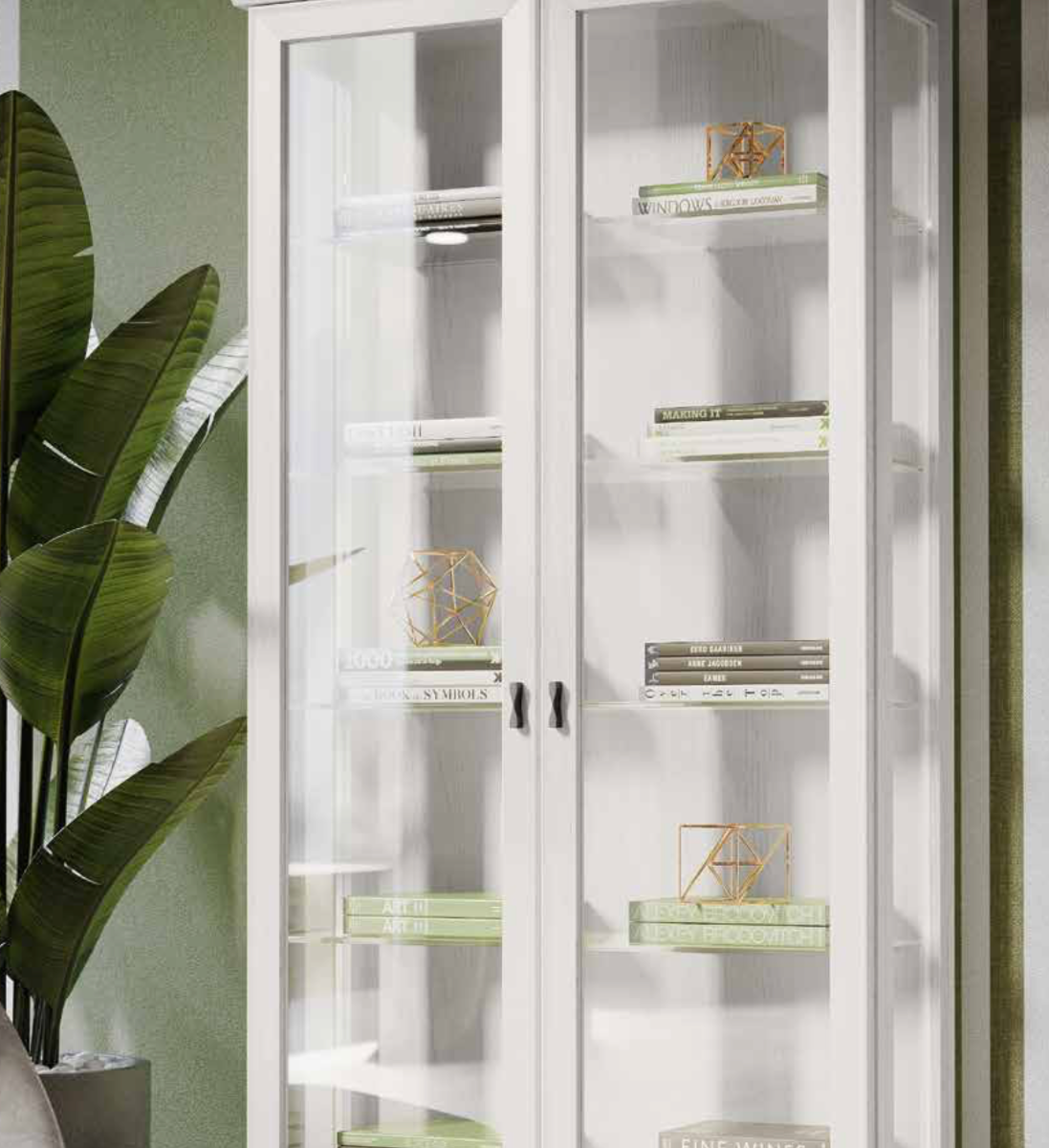 Elegante Vetrina Bianca 6 ripiani con vetri, colore bianco bucaneve