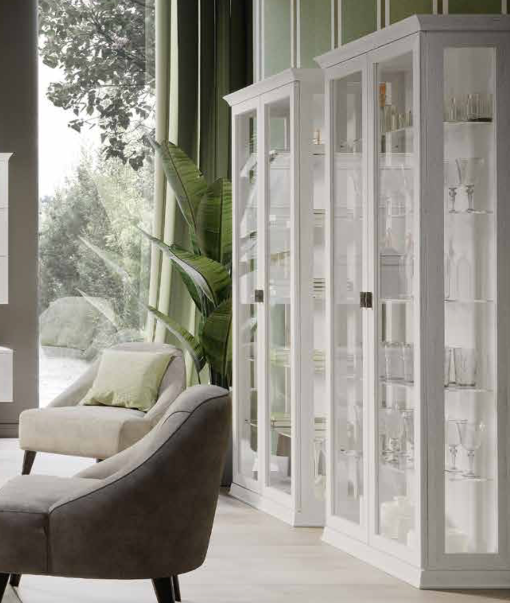 Elegante Vetrina Bianca 6 ripiani con vetri, colore bianco bucaneve