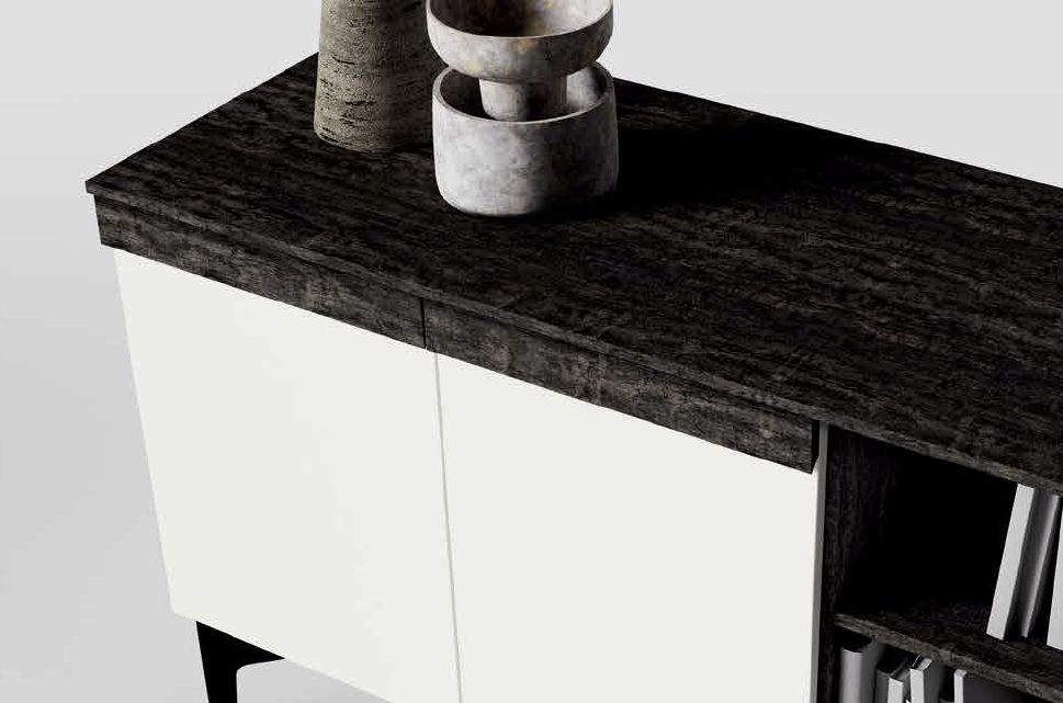 Madia moderna con 3 ante e un vano a giorno in finitura Legno bruciato e Ardesia chiara