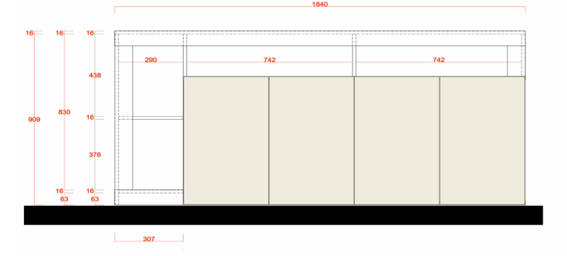 Madia a 4 ante con un ripiano in finitura bianco laccato lucido e Cemento