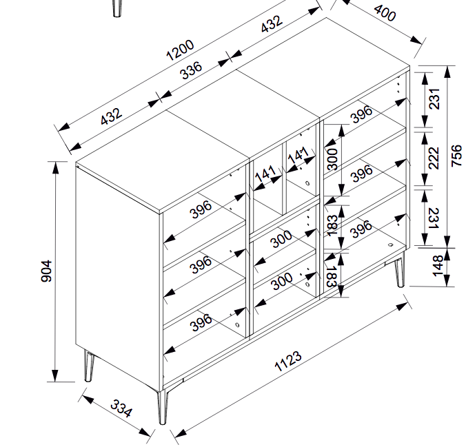 Madia moderna Glesborg con 3 ante e un vano a giorno in finitura Rovere e Nero carbone