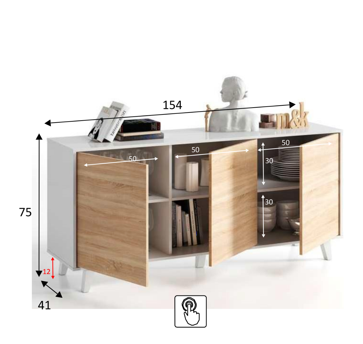 Credenza, Madia 3 ante, finitura bianco lucido e rovere canadian