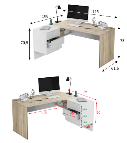 Scrivania moderna da ufficio o cameretta, bianca artik e rovere canadian