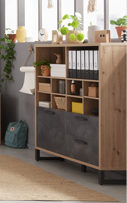 Libreria Industry per ufficio con 2 cassetti e un'anta in finitura Rovere e Grigio smoke