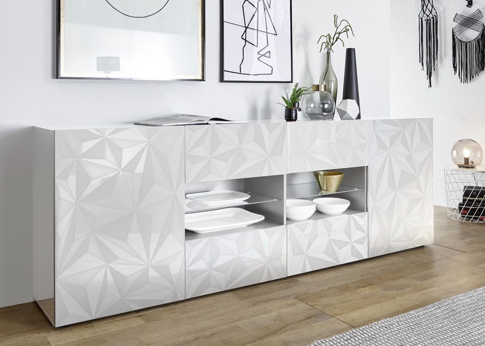 Madia bianca laccato lucido con serigrafia, 2 ante e 2 cassetti