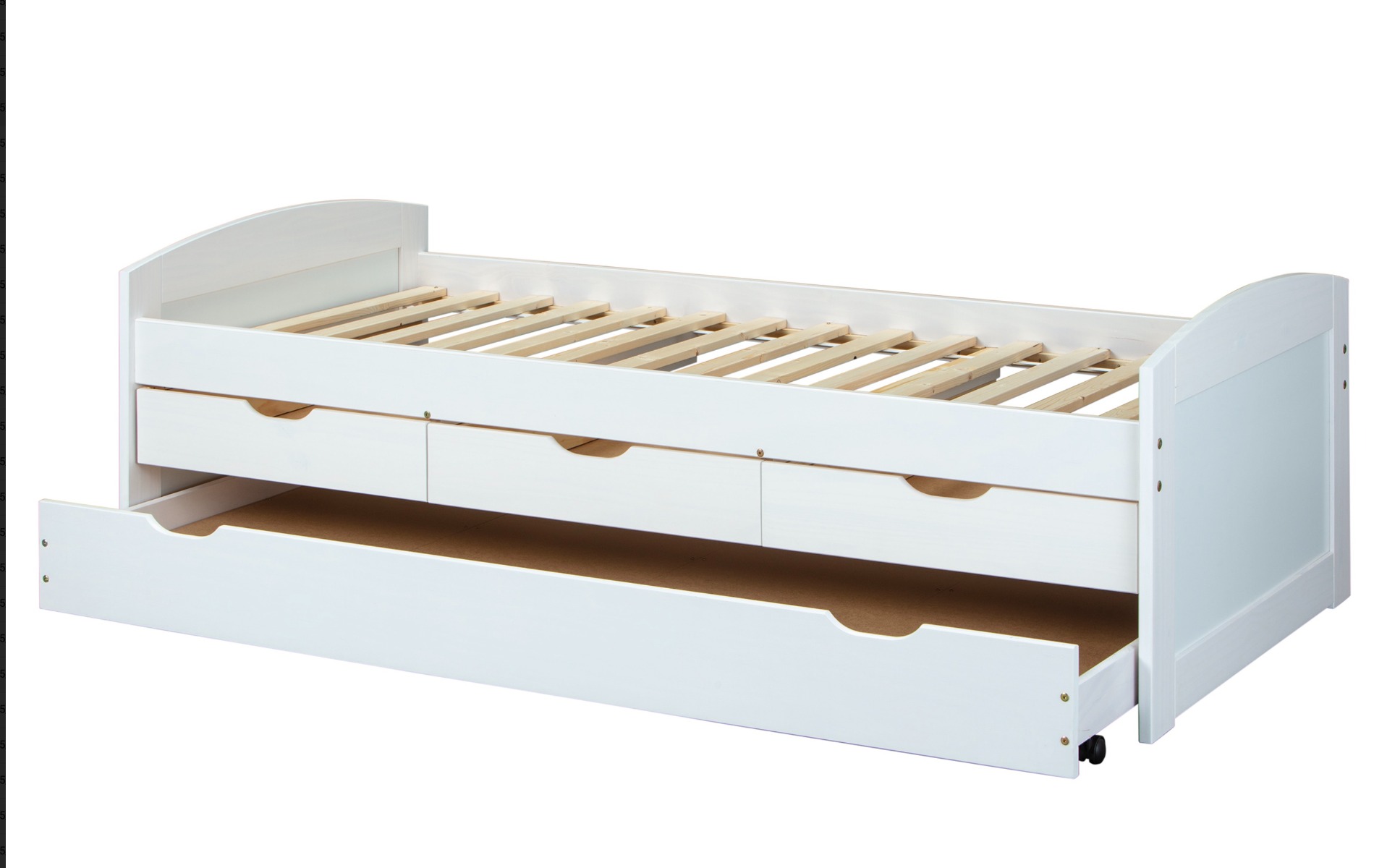 Letto in pino massello bianco o legno naturale con secondo letto e 3 cassetti