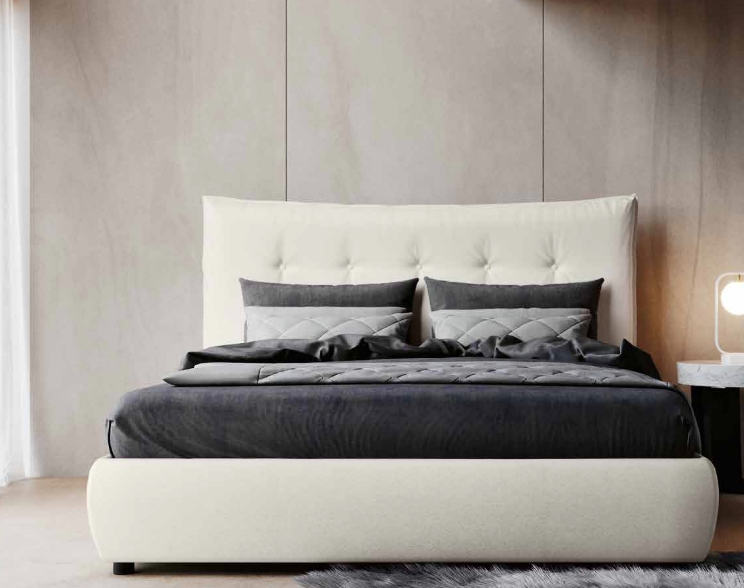 Letto matrimoniale con cassettone in ecopelle bianca con contenitore, Made in Italy