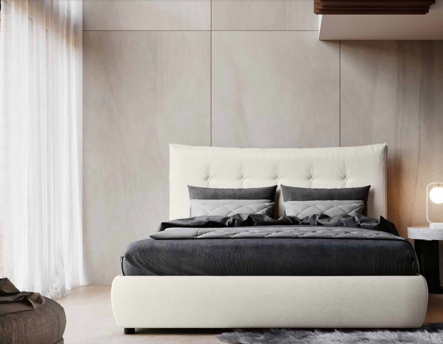 Letto matrimoniale con cassettone in ecopelle bianca con contenitore, Made in Italy