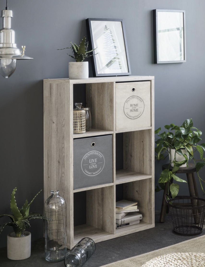 Libreria da ingresso con 6 vani in finitura Rovere