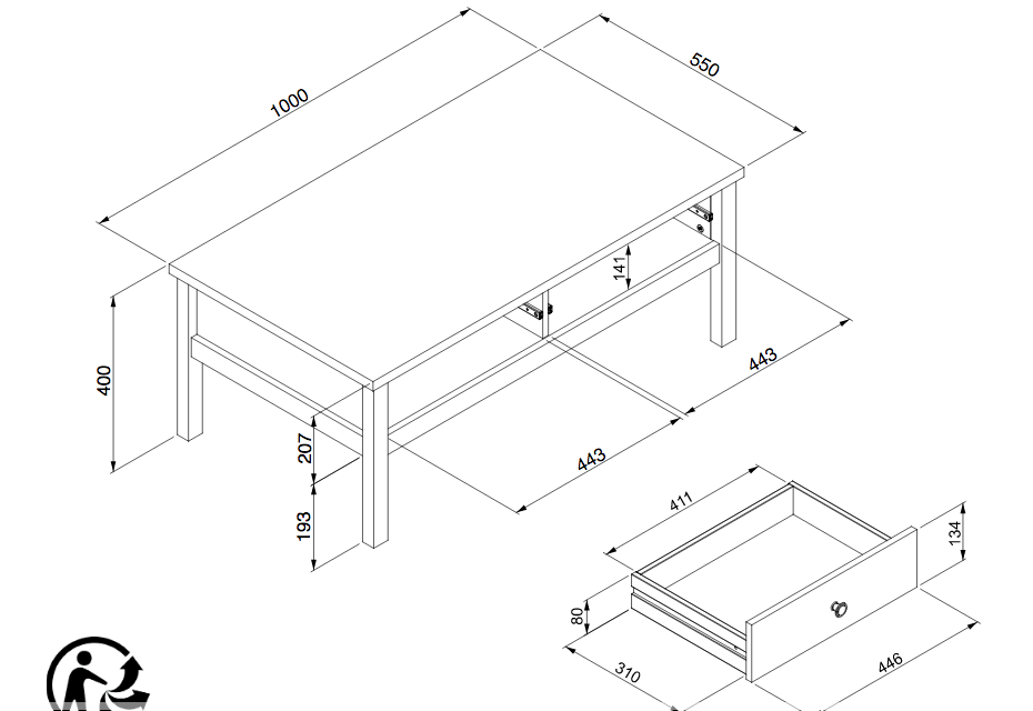Tavolino per soggiono moderno in finitura bianco opaco e quercia