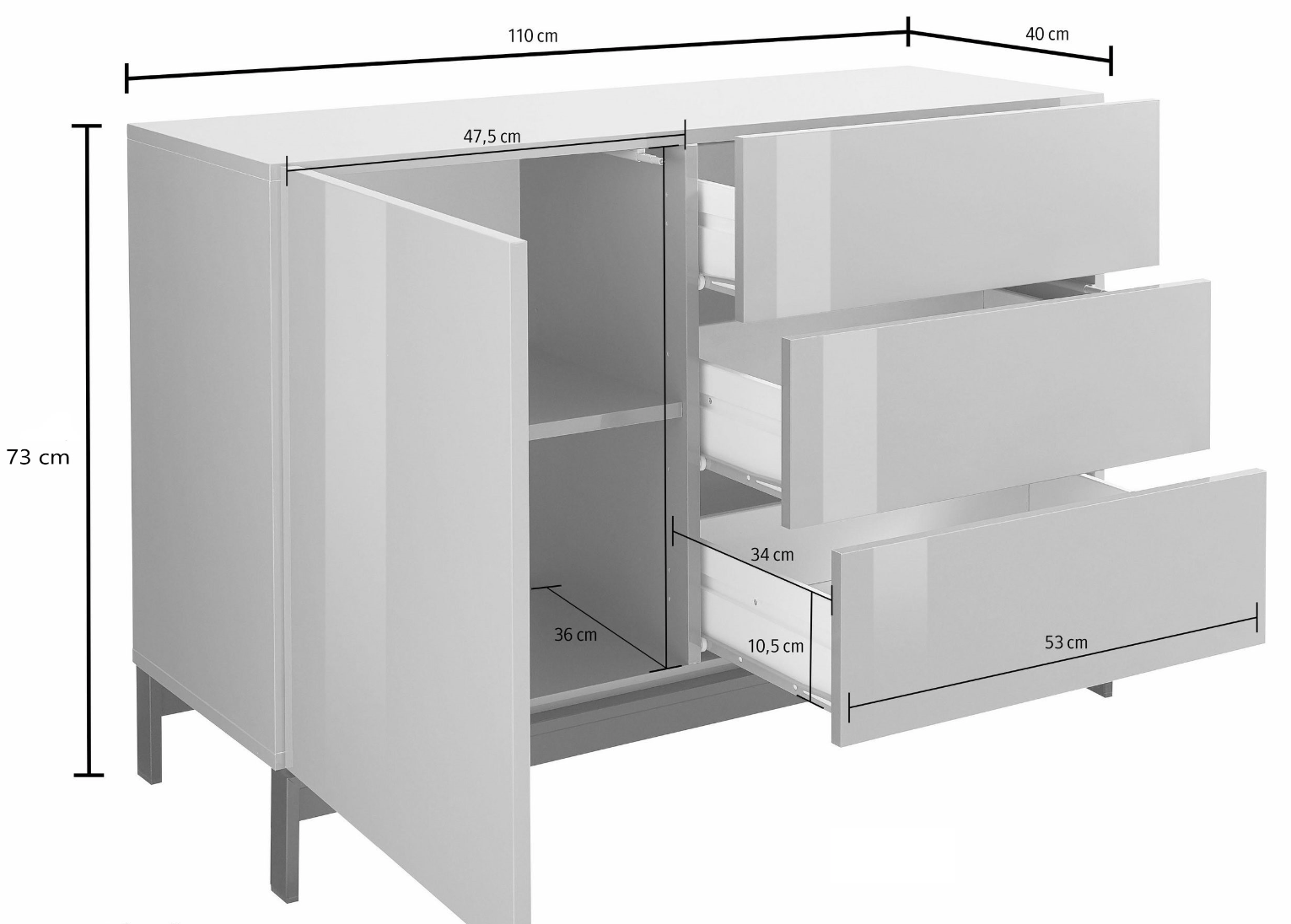 Madia moderna, 3 cassetti 1 anta in finitura bianco lucido