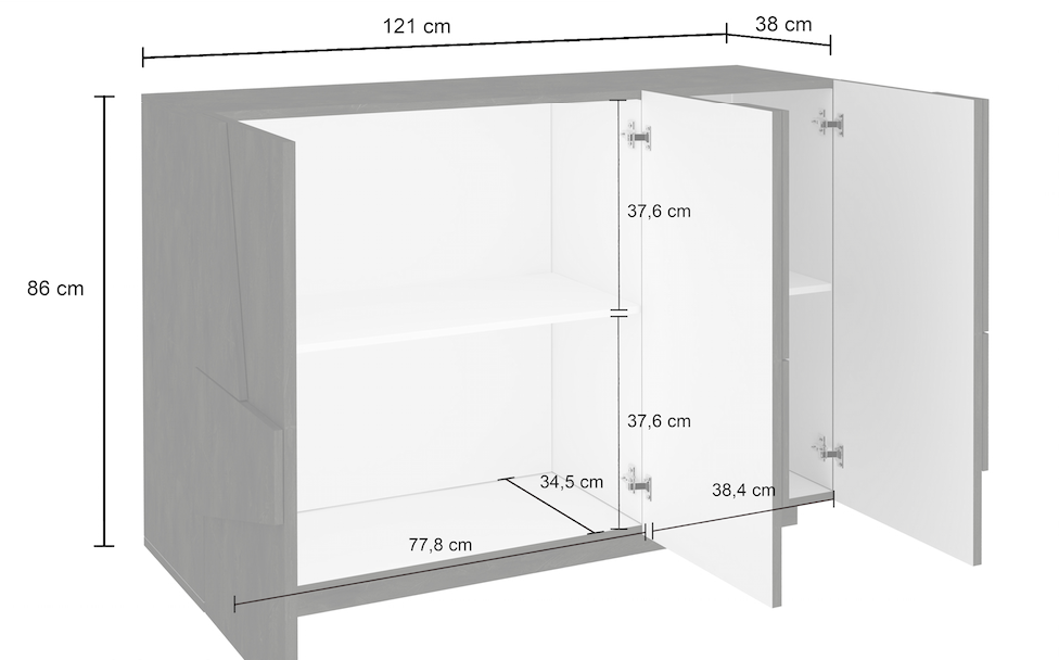Madia con 2 ripiani e 2 ante con disegni geometrici in finitura Bianco lucido