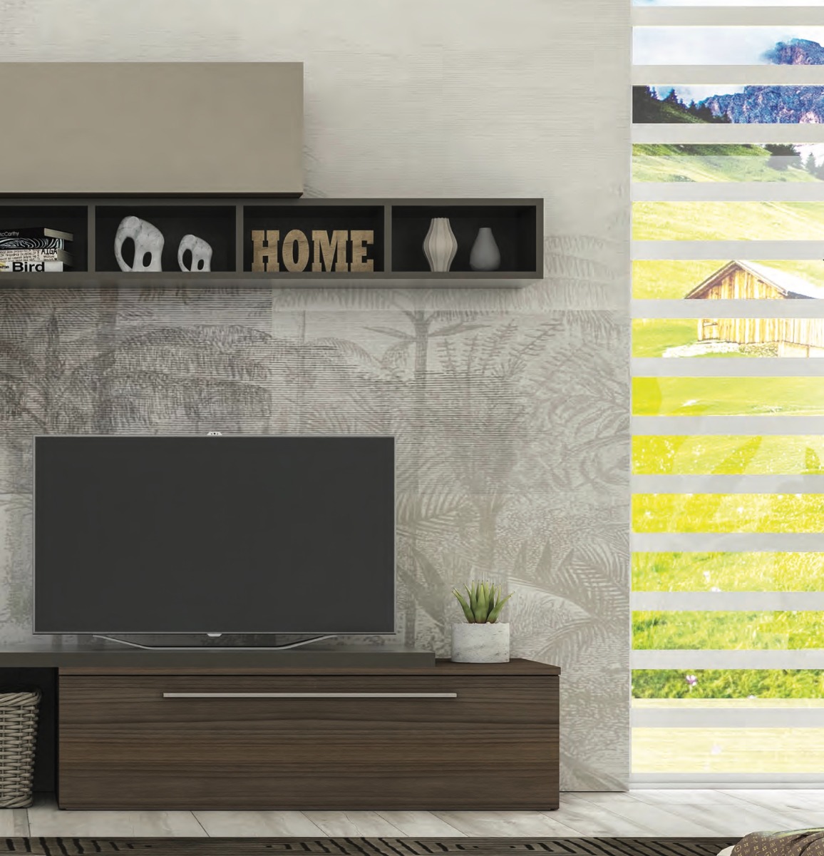 Parete attrezzata con pensili e libreria,  disponibile in diverse finiture, Made in Italy