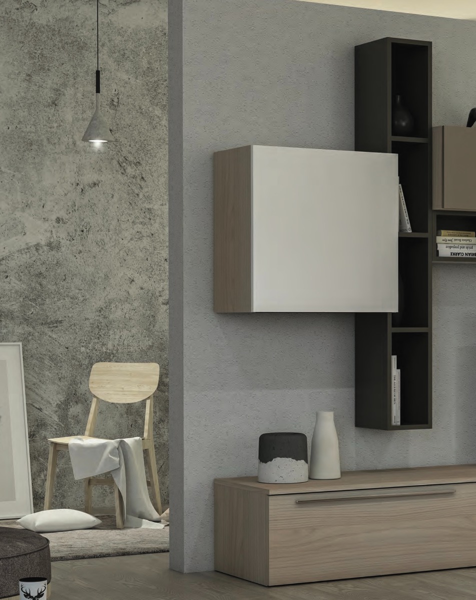 Parete attrezzata Olmo Perla con frontali e elementi sospesi in finitura Bianco seta e Visone e librerie color Fango