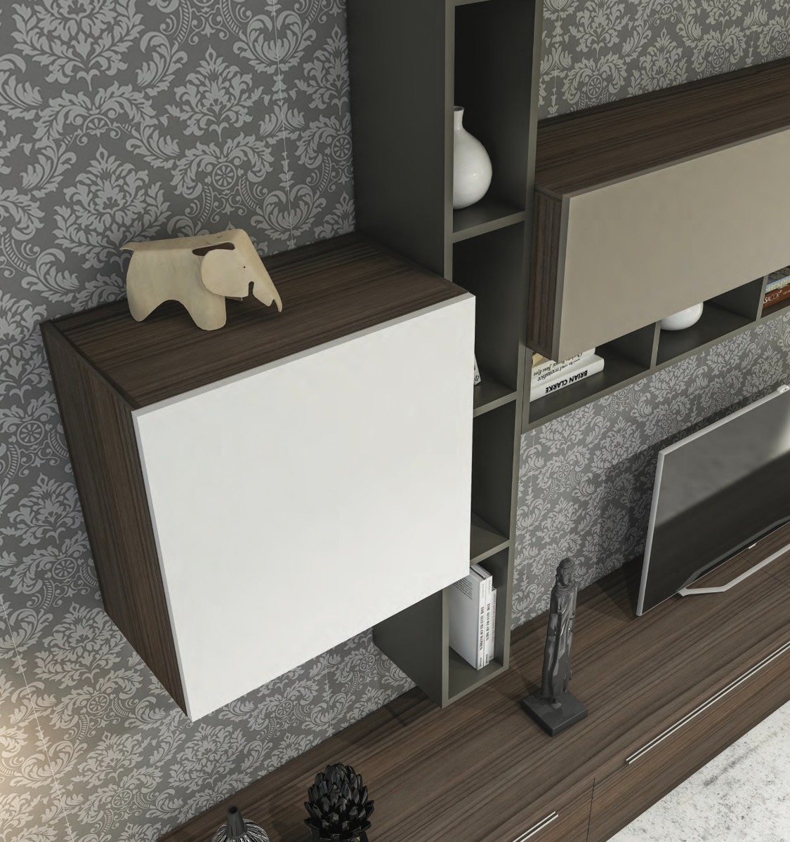 Parete attrezzata Noce con frontali e elementi sospesi in finitura Bianco seta e Visone e librerie color Fango