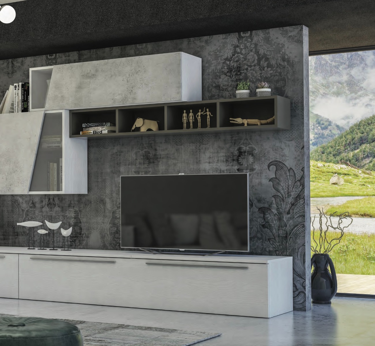 Parete attrezzata Bianco frassino con frontali e elementi sospesi in finitura Cemento e libreria orizzontale color Fango