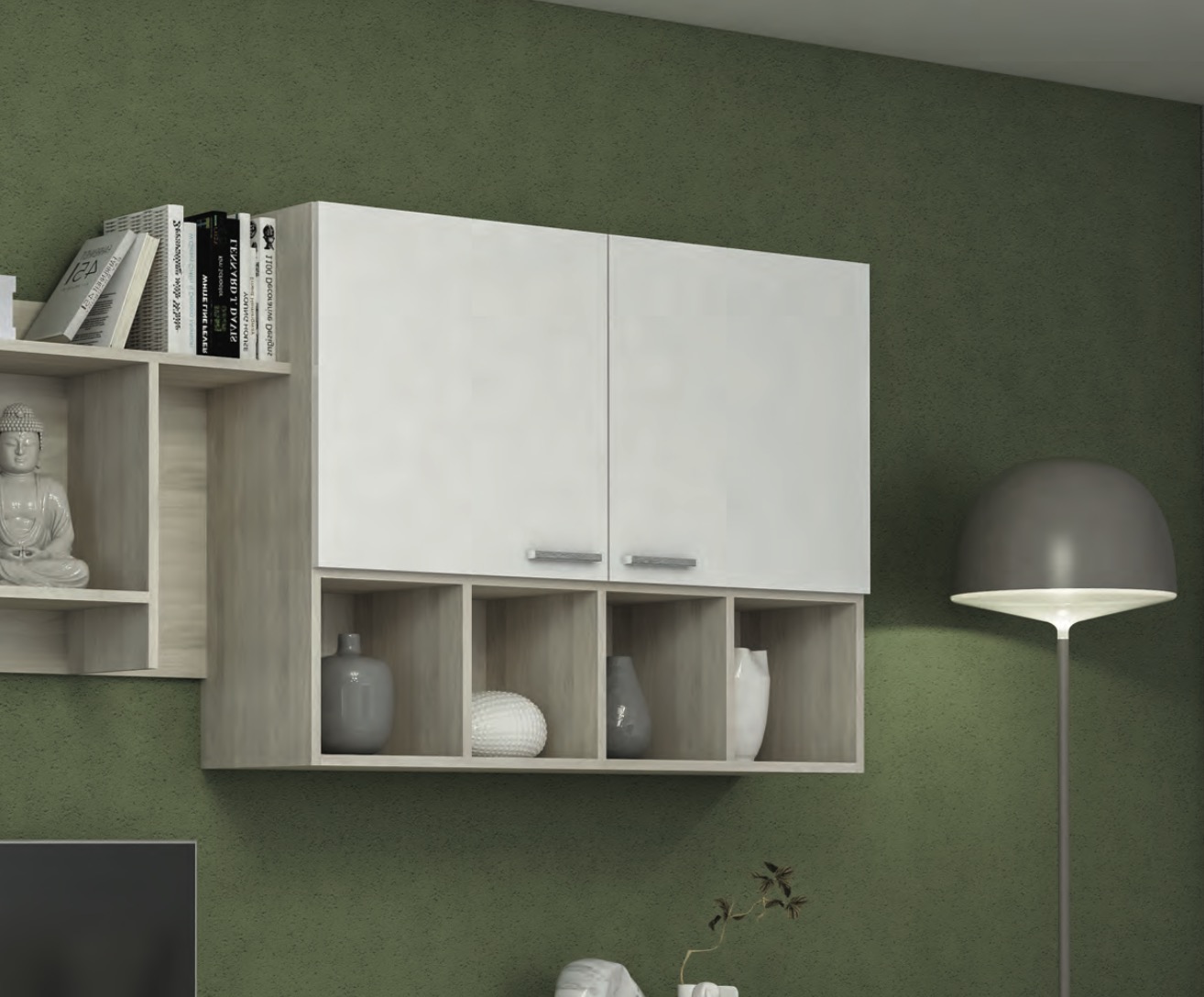 Parete attrezzata Olmo Perla con elemento sospeso Bianco seta, made in Italy