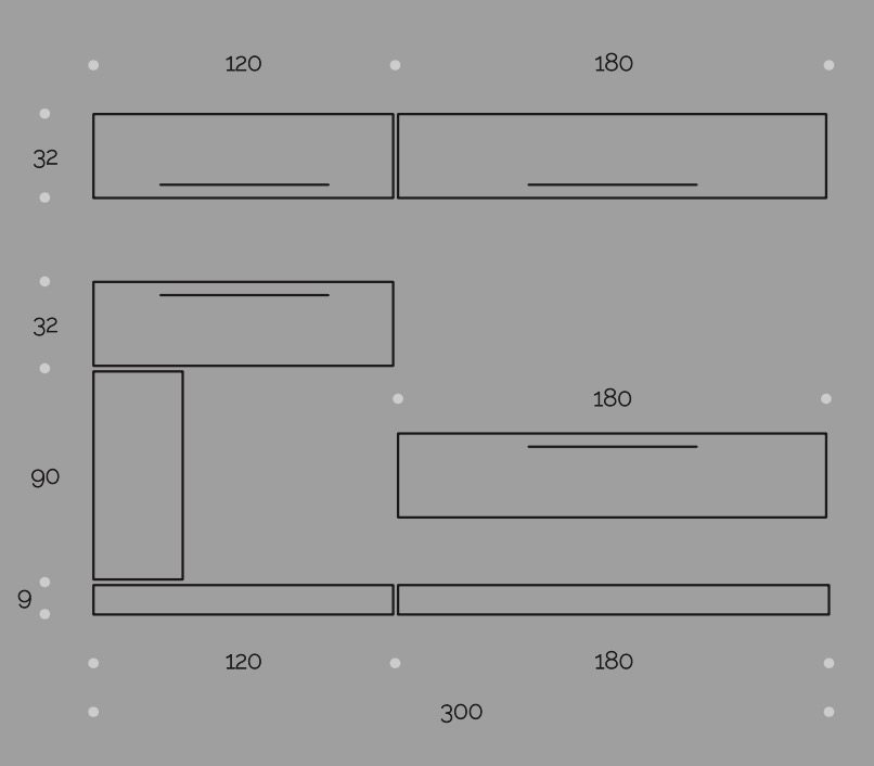 Parete attrezzata finitura Bianco Frassino, elementi sospesi e in appoggio con frontali in finitura Cemento