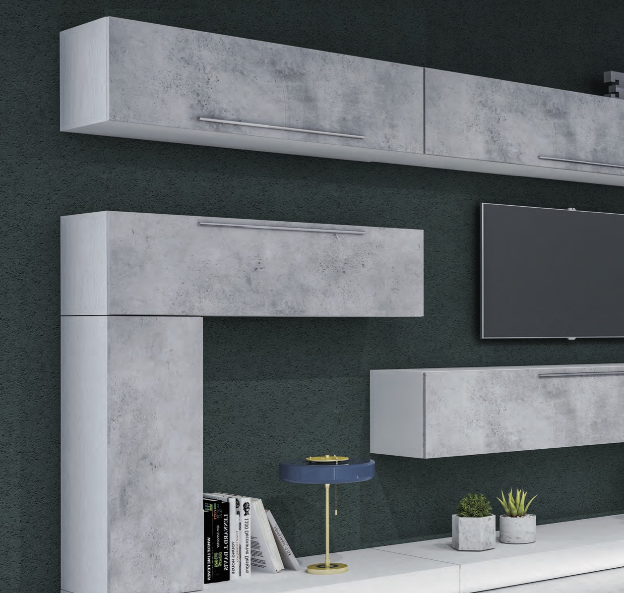 Parete attrezzata finitura Bianco Frassino, elementi sospesi e in appoggio con frontali in finitura Cemento