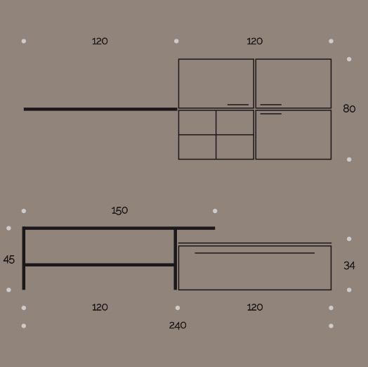Parete attrezzata finitura Olmo Perla, frontali e elemento sospeso in Bianco Seta
