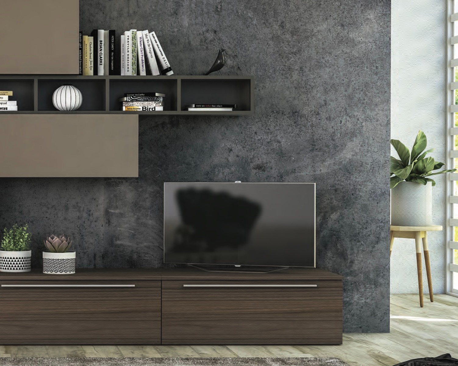 Parete attrezzata moderna, in finitura Noce, frontali in Bianco Seta e Visone