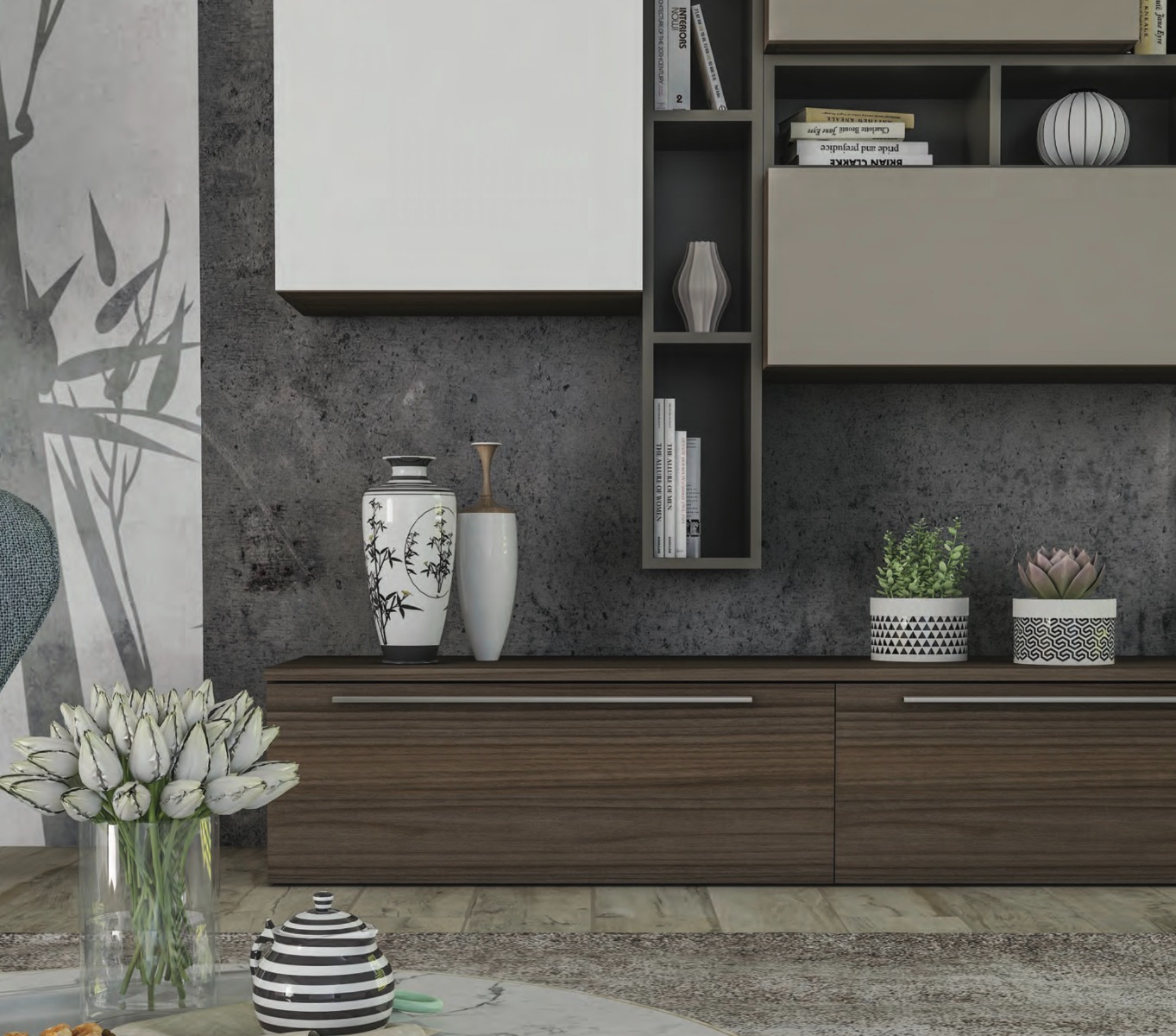 Parete attrezzata moderna, in finitura Noce, frontali in Bianco Seta e Visone