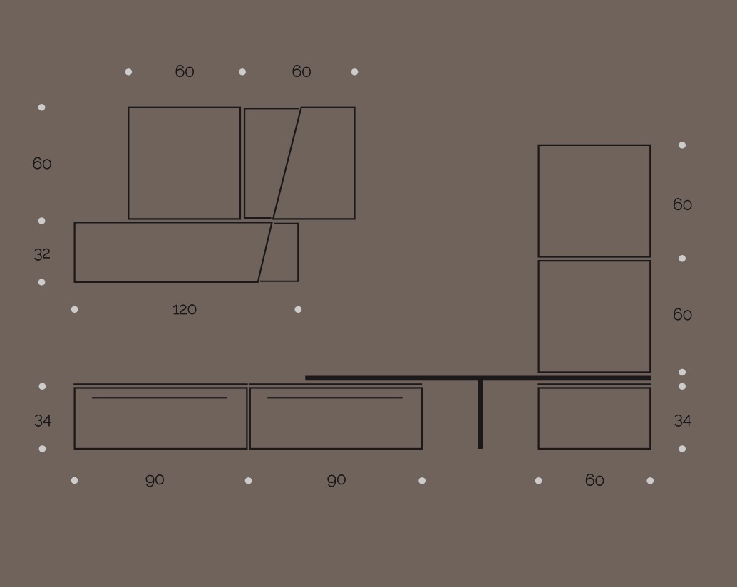 Parete attrezzata moderna, in finitura Noce,  Visone, Bianco seta e Fango, Made in Italy
