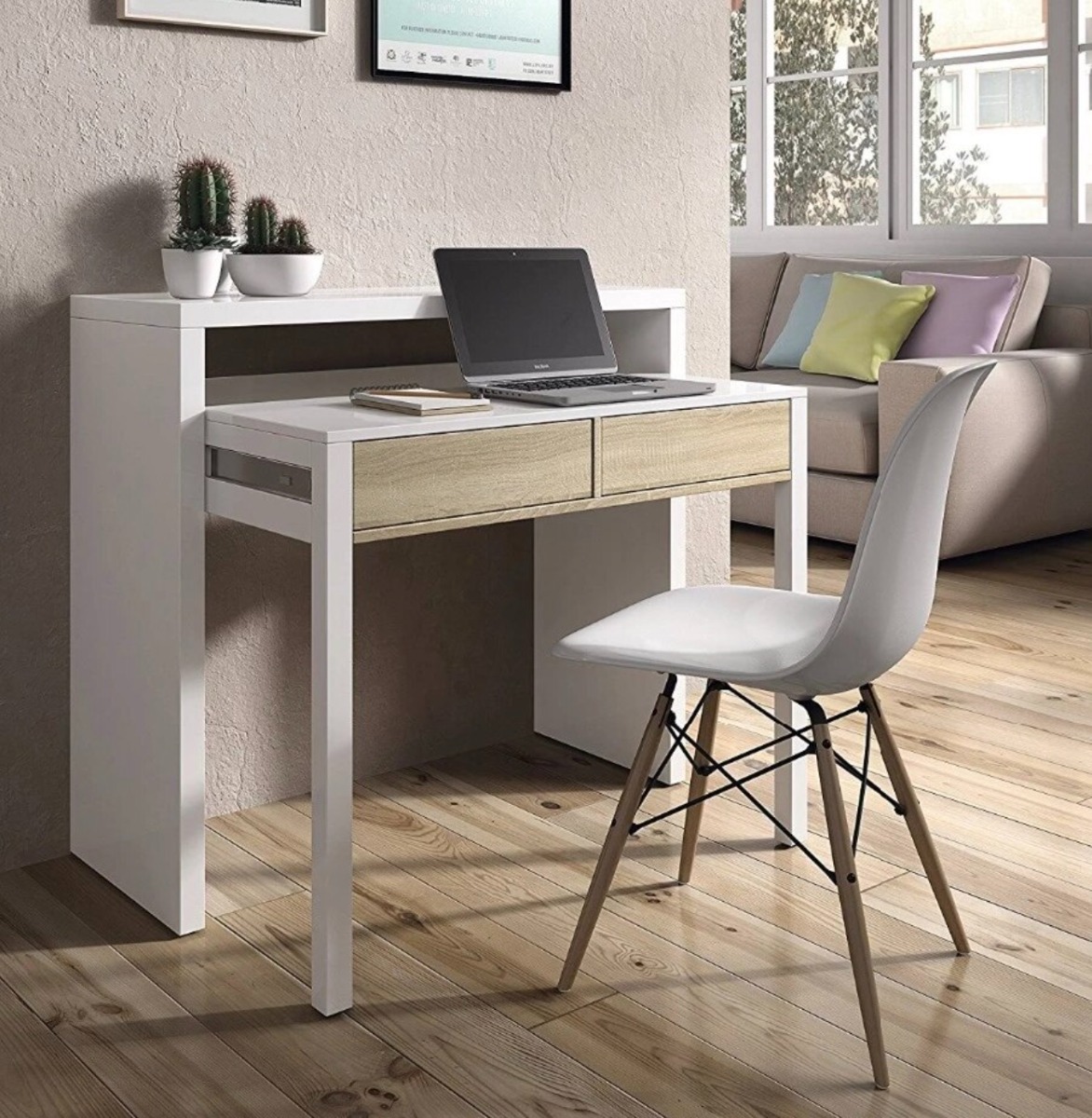 Scrivania, Consolle allungabile colore bianco artik e rovere canadian