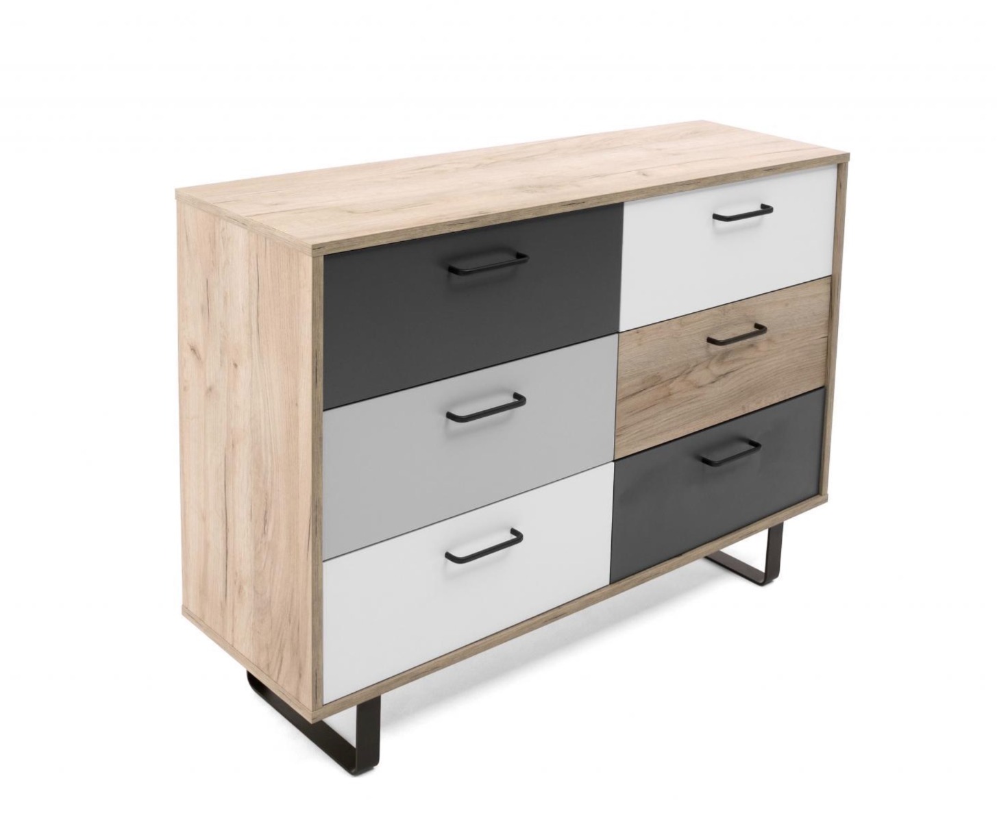 Madia Cassettiera Lappo di design con gambe in metallo, 6 cassetti, finitura Quercia, Bianca, Grigio e Antracite