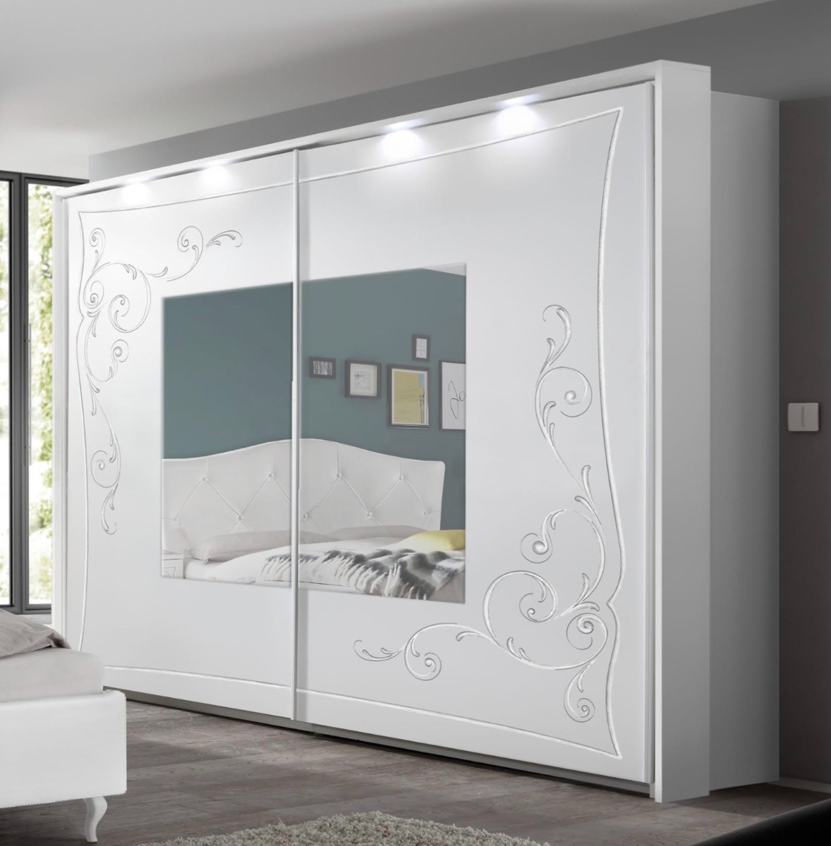 Armadio Bianco opaco con specchio e 2 ante scorrevoli serigrafate, Made In Italy