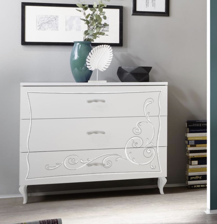 Comò Bianco opaco con serigrafia, 3 cassetti, Made in Italy