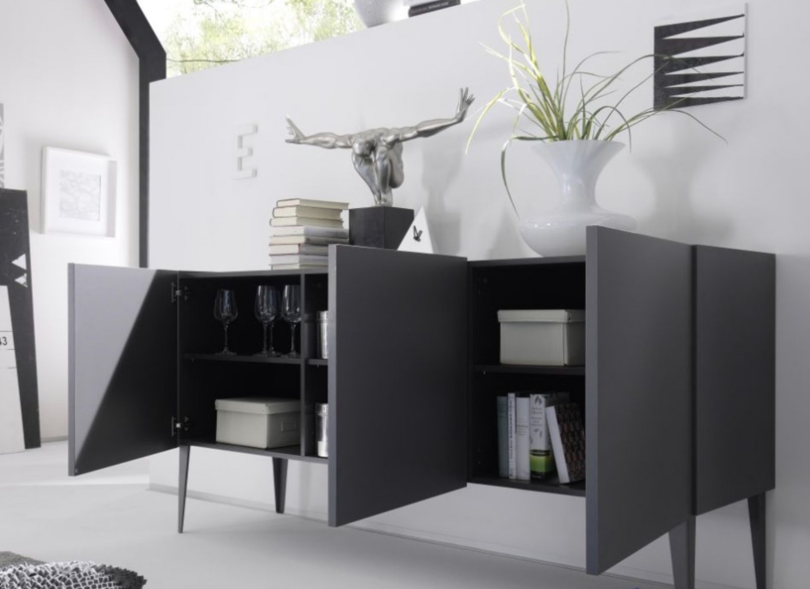 Credenza Moderna, Madia di design, 3 ante, Grigio Opaco con piedini