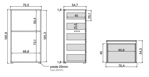 Settimino moderno con 5 cassetti, finitura Bianco altea, Rosa confetto e Grigio seta